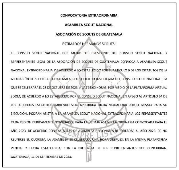 Convocatoria Extraordinaria a Asamblea Scout Nacional Octubre 2023
